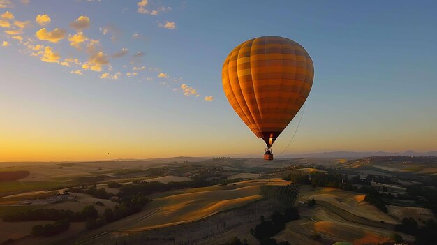 Ein Heißluftballon schwebt sanft über der malerischen Landschaft der Toskana mit sanften Hügeln und Zypressen