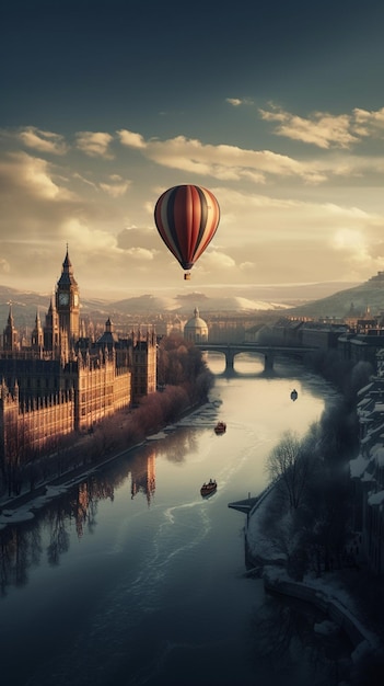 Ein Heißluftballon über einem Fluss mit der Skyline von London im Hintergrund.