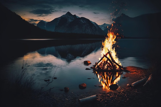 Ein hell brennendes Feuer in der Nähe eines ruhigen Sees, dessen Flammen die dunkle Nacht erhellen. Die Baumstämme sind auf einem Haufen angeordnet und das Feuer wirft ein warmes Licht