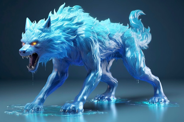 Ein hellblauer und aggressiver Werwolf steht