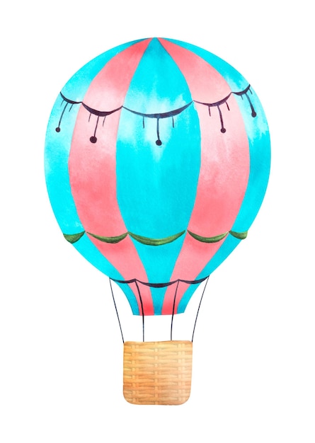 Ein heller Ballon mit einem Weidenkorb, der in Aquarell gemalt und auf einem weißen Hintergrund isoliert ist