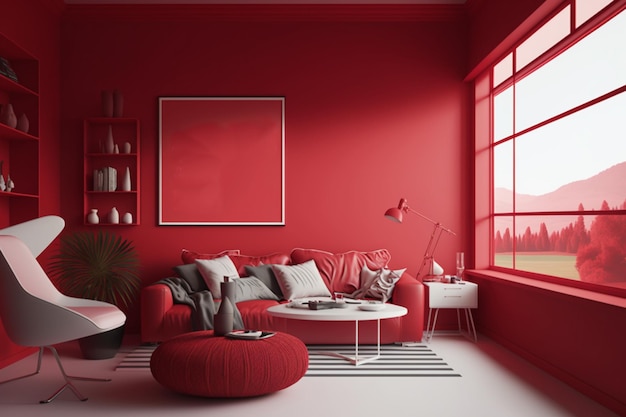 Ein heller Essbereich mit roter Pantone-Dekoration und lebendigen Möbelstücken