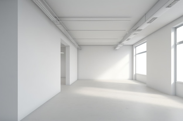 Ein heller leerer Raum mit weißen Wänden und großen Fenstern