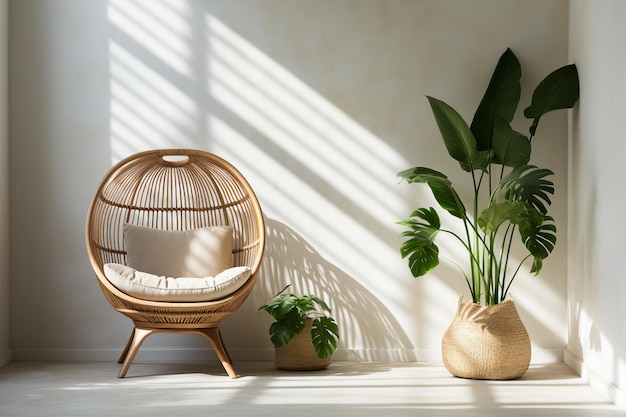 Ein heller Raum mit einer minimalistischen Eckecke mit einem Rattanstuhl, einer Spinnenpflanze und einer Geodelampe