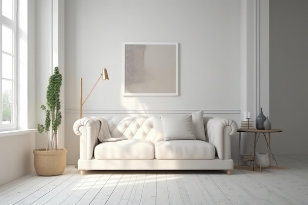 Ein helles und luftiges Wohnzimmer mit einer bequemen weißen Couch und natürlichem Licht, das durch das Fenster einfällt, schafft einen entspannenden und einladenden Raum AI Generative