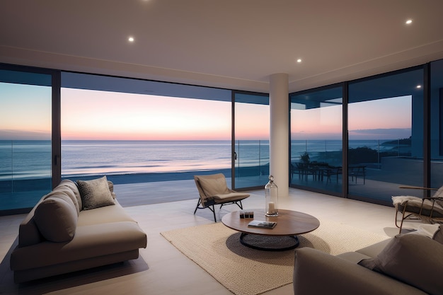 Ein helles Wohnzimmer und große Glasfront am Meer