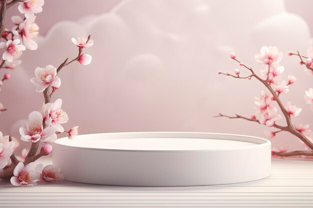 Ein hellrosa Podium und Kirschblüten-Hintergrund werden für die 3D-Rendering-Illustration des Produkts verwendet