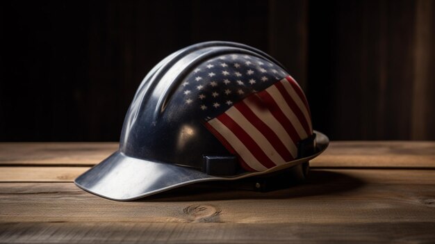 Ein Helm mit der amerikanischen Flagge darauf sitzt auf einem Holztisch.