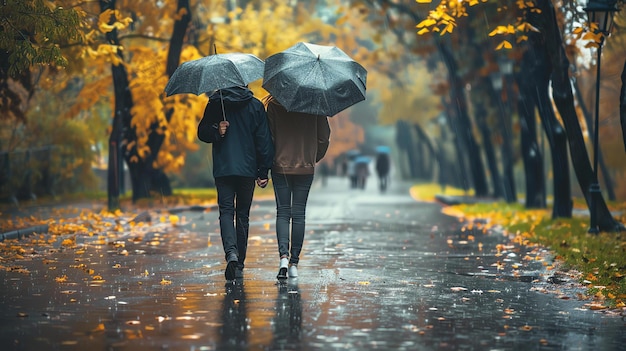 Ein Herbstpark mit einem Paar, das im Regen spazieren geht. Der Mann und die Frau tragen beide schwarze Jacken und Jeans und tragen schwarze Regenschirme.