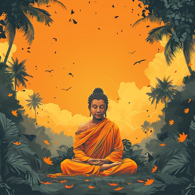 Ein Herr Buddha sitzt am Vesak-Buddha-Purnima-Tag mit Copy-Raum Hintergrund für den Vesak-Festival-Tag