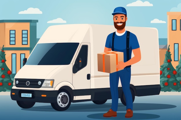 Ein Herr in einer blauen Uniform liefert ein Paket vor einem weißen Lieferwagen, der