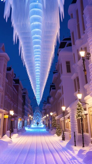 Ein herrlicher Blick auf eine Straße mit Eiszapfen, die von der Decke hängen. KI-generativ