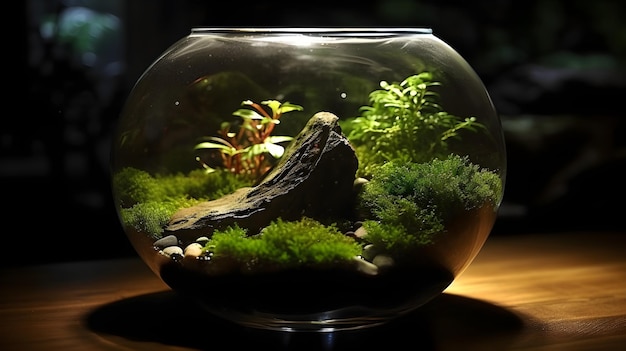 Ein herrliches Terrarium-Ökosystem mit lebendigem Pflanzenleben und reflektierendem Glas