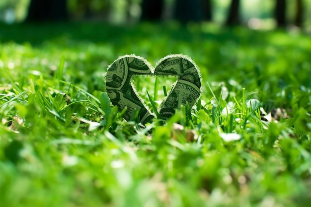 Ein Herz aus Gras in einem von der KI erzeugten Garten