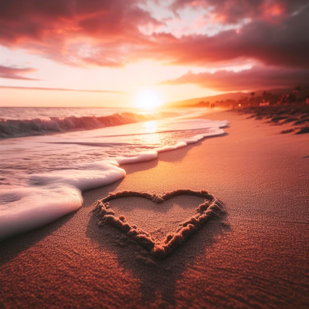 Ein Herz im Sand am Strand mit Sonnenuntergang und Meer im Hintergrund ai generativ