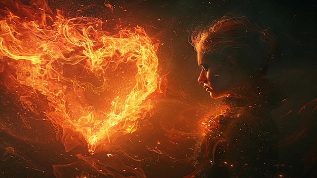 ein Herz in Flammen und ein Feuer im Hintergrund
