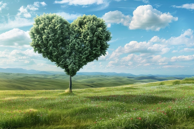 Ein herzförmiger Baum in einer panoramischen Landschaft
