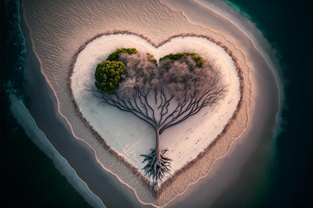 Ein herzförmiger Baum mitten am Strand Generative KI