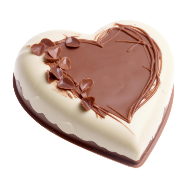 Ein herzförmiger Kuchen mit Schokolade und weißem Zuckerguss und Schokoladenherzen.
