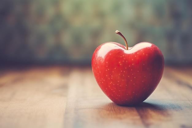 Ein herzförmiger roter Apfel sitzt auf einem Holztisch. Generative KI
