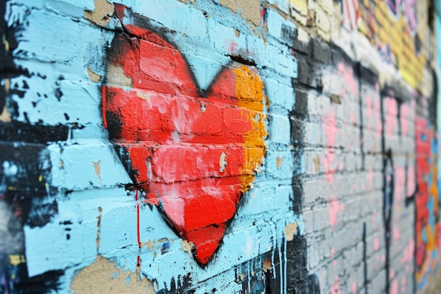 Ein herzförmiges Gemälde auf einer Ziegelsteinmauer zeichnet sich gegen die städtische Umgebung aus Graffiti eines Herzens auf einer Stadtmauer KI generiert