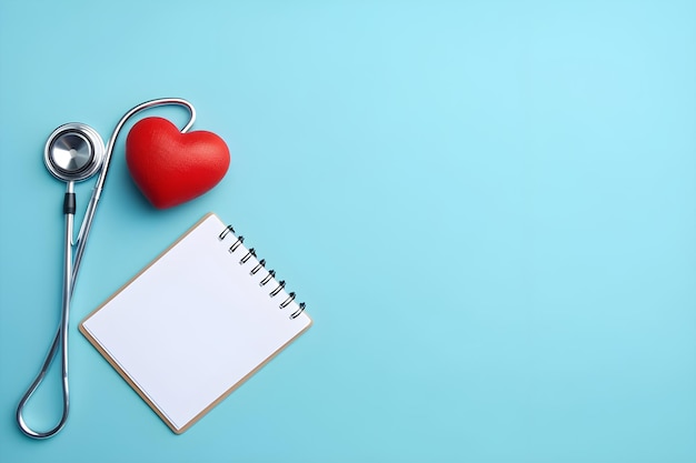 Ein herzförmiges Notizbuch und ein rotes Herz auf blauem Hintergrund