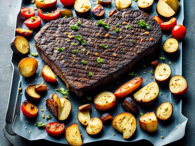 Ein herzförmiges Steak mit einem herzförmigen Stück Fleisch auf einer Platte mit Tomaten und Petersilie.