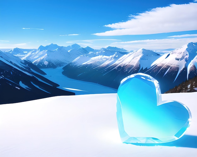 ein herzförmiges Stück Eis mit Bergen im Hintergrund
