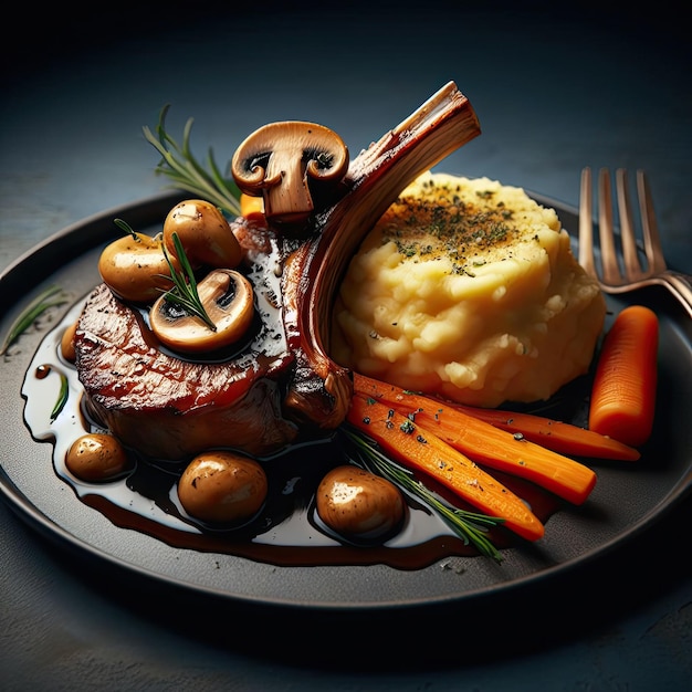 Foto ein herzhafter gebratener lammkotelet mit pilz- und zwiebelsauce