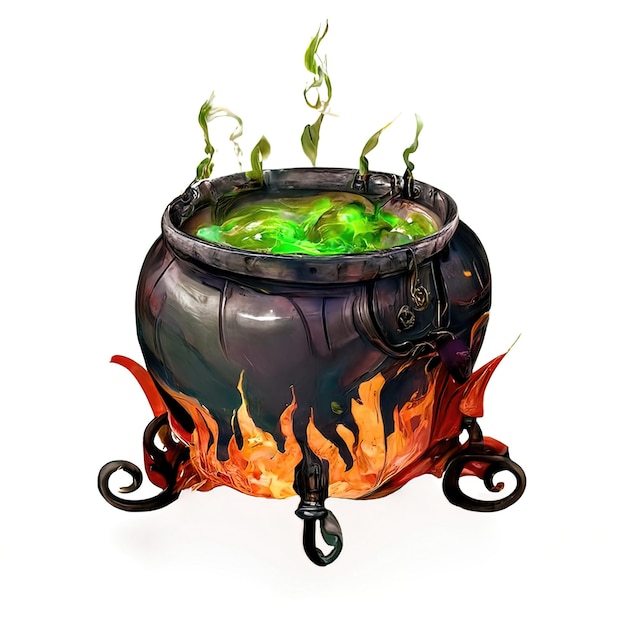 Ein Hexenkessel braut einen Zaubertrank, ein Kastironkessel kocht einen Trank.