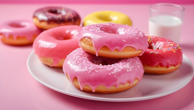 Ein High-Key-Foto eines mehrfarbigen glasierten Donuts auf einem Tisch