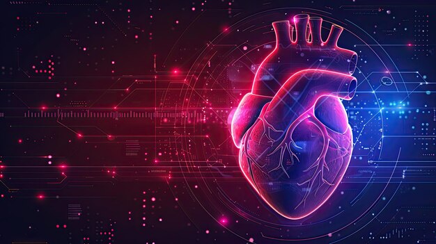 Ein Hightech-Digital-Rendering eines menschlichen Herzens, das mit lebendigen rosa und blauen Farbtönen vor einem komplexen Hintergrund von Daten und Schaltkreisen leuchtet