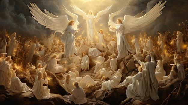 Ein himmlisches Jubiläum, als eine himmlische Schar von Engeln die Geburt Jesu feiert Himmlischer himmlischer Chor engelische Feier göttliche Geburt erzeugt von KI