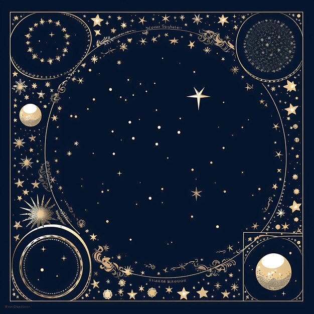 Ein himmlisches Rahmendesign Sterne und Monde Mitternachtsblau und Sil 2D Clipart T-Shirt Overlay-Konzept