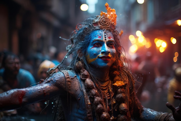 ein hinduistischer Mann in blauer und oranger Farbe mit bemaltem Gesicht