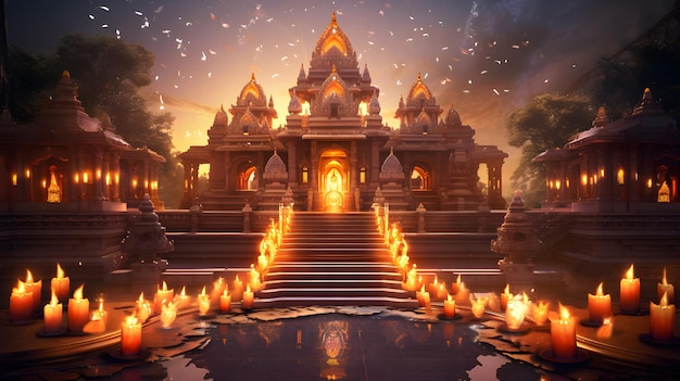 Ein hinduistischer Tempel mit wunderschönen Lichtern und von Ai erzeugtem Wasser