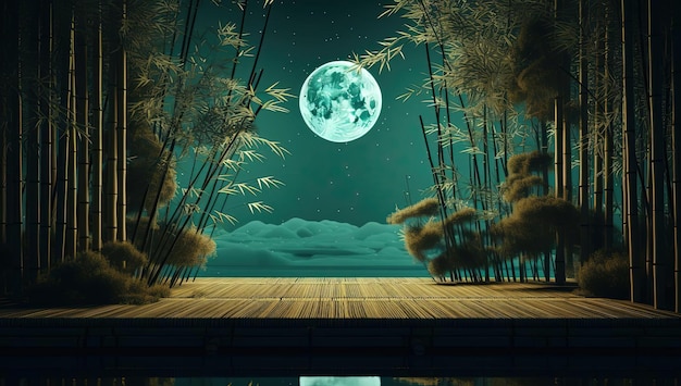 ein Hintergrund aus Bambus und Mond im Stil einer minimalen Retusche