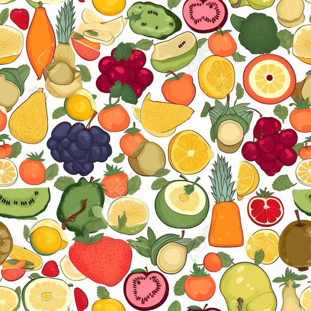 Ein Hintergrund aus Obst und Gemüse mit dem Wort „Obst“ oben.