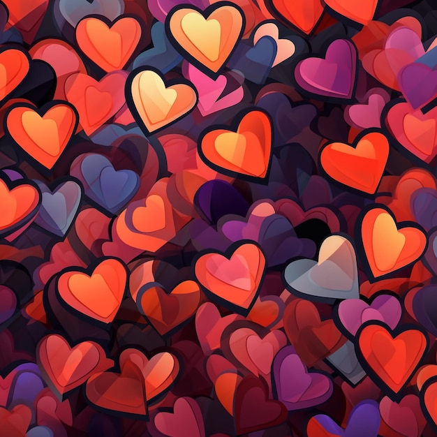 Ein Hintergrund aus roten und orangefarbenen Herzen mit dem Wort Liebe darauf.