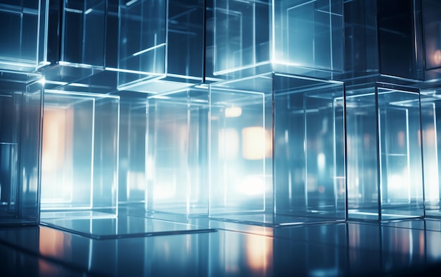 Ein Hintergrund aus transparenten Glasscheiben mit einem verschwommenen Hintergrund mit Beleuchtung