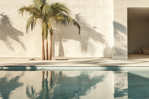 Foto ein hintergrund, der eine tropische sommeratmosphäre darstellt. er umfasst eine betonwand und einen mit wasser gefüllten pool