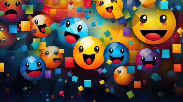 Ein Hintergrund im Retrostil mit einem Mosaik aus pixeligen Emoji-Formen