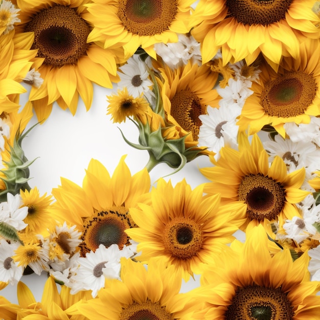 Ein Hintergrund mit einem Strauß Sonnenblumen und einer weißen Blume.