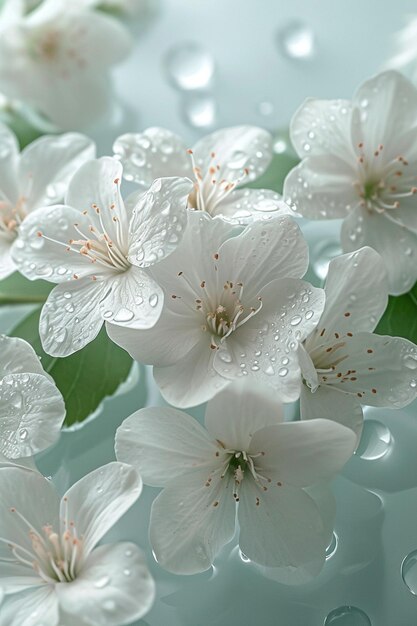 ein Hintergrund mit eleganten weißen Blumen und weichen Tautropfen