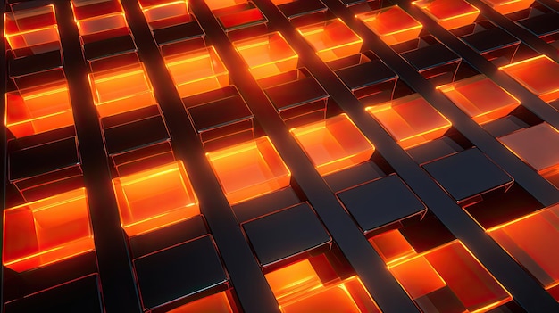 Ein Hintergrund mit neon orangefarbenen Quadraten, die in einem sich wiederholenden Muster mit einem Verzerrungseffekt angeordnet sind, und ein