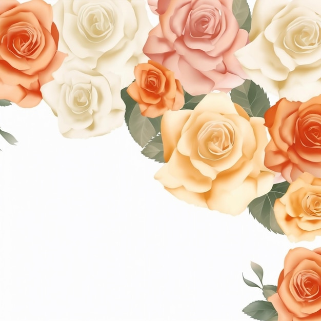 Ein Hintergrund mit orangefarbenen und weißen Rosen und Blättern