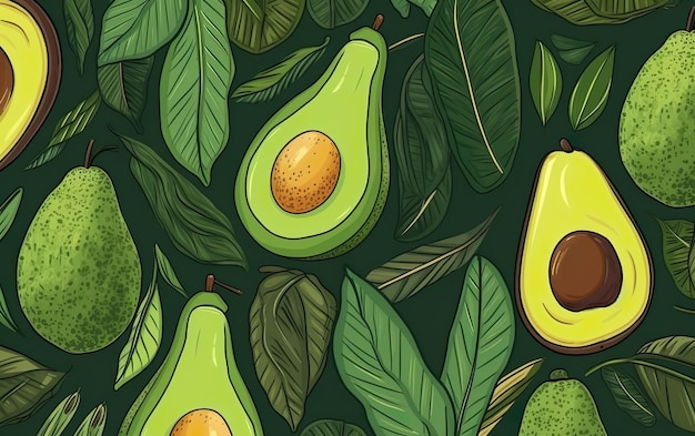 Ein Hintergrund von Avocados mit Blättern und dem Wort Avocado auf der Unterseite.
