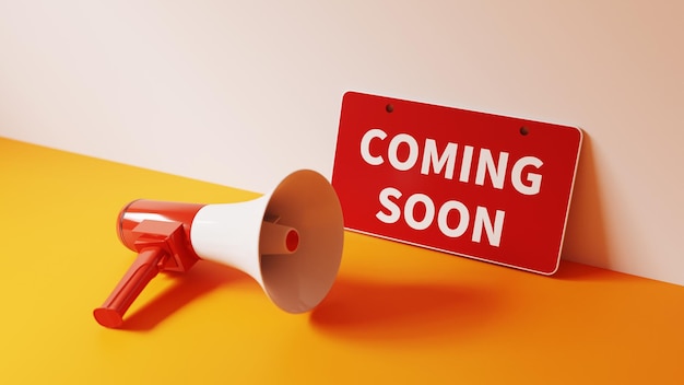 Ein Hintergrund, wo ein Schild mit der Aufschrift Coming Soon mit einem Lautsprecher auf dem Boden platziert ist 3D-Rendering
