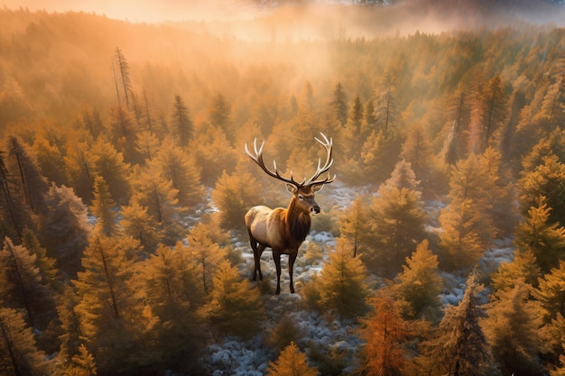 ein Hirsch, der auf einem Feld mit Bäumen im Hintergrund steht