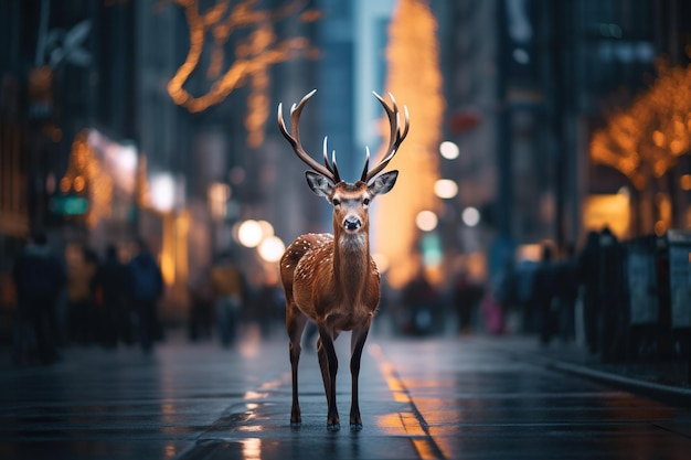 Ein Hirsch geht auf einer Stadtstraße